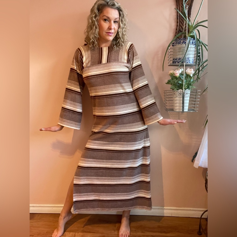 Vintage 1970s Brown & Cream Horizontal Stripe Fuzzy Maxi Dress